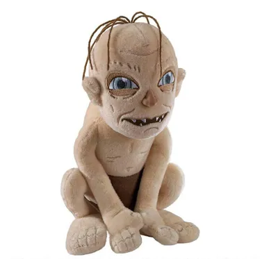 A Gollum plush toy is sitting and facing the camera against a white background.