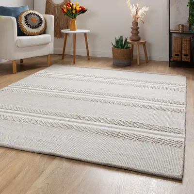 Produktbild von Steffensmeier Handweb Teppich Habo | Wolle (Schurwolle), Silber, handgewebt, Größe: 120x180 cm Wohnzimmer und Schlafzimmer