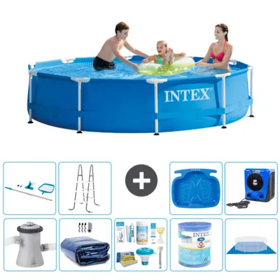 Produktbild von Intex Rundrahmen-Schwimmbecken – 305 x 76 cm – Blau – inklusive Pumpe Sonnensegel - Wartungspaket - Filter - Bodenplane - Reinigungskit - Leiter