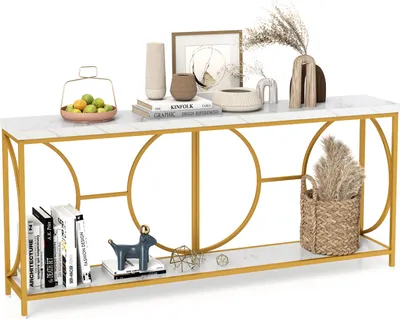 A console table with decorative items on it, set against a white background.