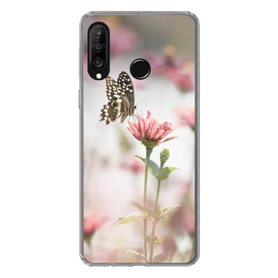 Produktbild von MuchoWow® Handyhülle Schutzhülle Hülle für Huawei P30 Lite Schmetterling - Blume - Rosa Silikon Softcase Handy Hülle - Handyhülle