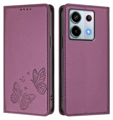 Produktbild von Lederhülle für Xiaomi Redmi Note 13 Pro 5G, Schmetterling Prägung Leder Brieftasche Schutzhülle mit Ständer Lila