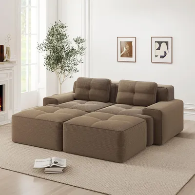 Image de Canapé Cloud en velours côtelé, forme en U, sans armature, avec pouf, assise profonde, 204 x 177 x 69 cm, marron