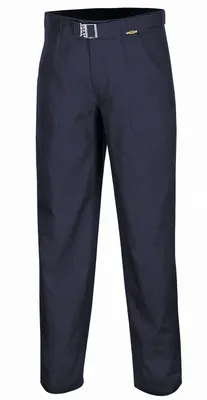 A pair of navy blue work pants shown from the front.