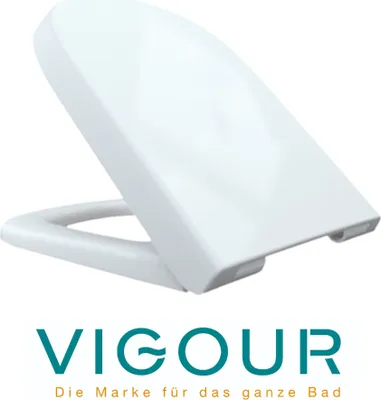 A white toilet seat and lid are shown in an open position against a white background. The brand logo and tagline are displayed below the product.