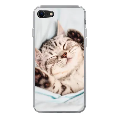 Produktbild von MuchoWow® Handyhülle Schutzhülle Hülle für iPhone SE 2020 Kätzchen - Lustig - Bett - Kinder - Jungen - Mädchen - Kinder Silikon Softcase Handy Hülle - Kartenbesitzer