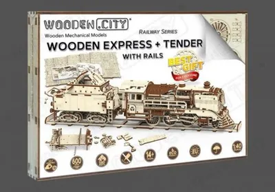 Produktbild von WOODEN CITY 3D-Puzzle Express mit einem Tender und Schienen 580 Teile