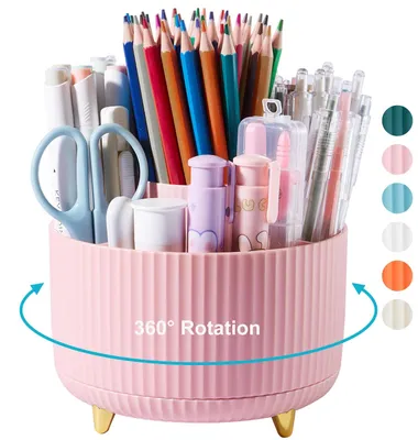 Produktbild von 360-Grad-drehbarer Stiftehalter für den Schreibtisch, Organizer mit 5 Fächern, niedliches rosa Schreibtischaccessoire