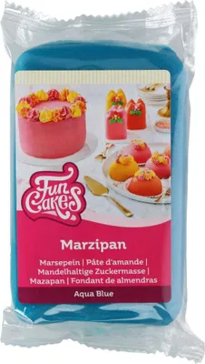 A package of blue marzipan with images of decorated cakes and pastries.