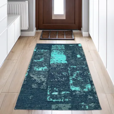 Produktbild von Wohnzimmer Teppich abstraktes Muster in blau weiß grau Größe - 80 x 150 cm