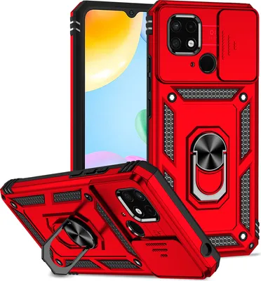 Produktbild von Redmi 10C Hülle mit Schiebe Kamera Schutz und Ringhalter Ständer Robust Rüstung Schutzhülle für Xiaomi Redmi 10C Rot