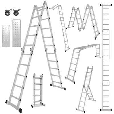Immagine prodotto di Scala multiuso in alluminio ISOISL 7in1, con 4x5 gradini, altezza circa 580 cm / 5,8 m, scala pieghevole a pantografo con piattaforme, ruote e superficie antiscivolo, portata massima 150 kg