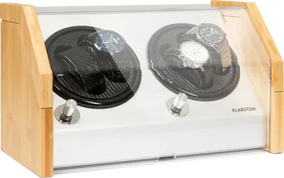 Produktbild von Klarstein Garonne 2 Uhrenbeweger, 2 Drehteller für 4 Uhren, 3 Drehgeschwindigkeiten, 4 Rotationsmodi, Bambusgehäuse, Aluminium-Bedienfläche, Sichtfenster aus Acrylglas, Bambus