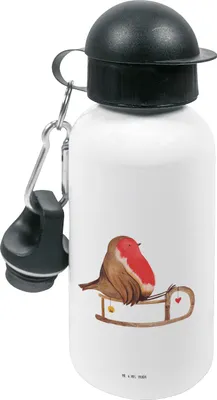 Produktbild von Mr. & Mrs. Panda Trinkflasche Rotkehlchen Schlitten - Weiß - Geschenk, Weihnachten, Wasserflasche, Kinder, Kita, Kindergarten, Vogel, Sportflasche