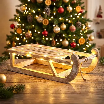 Imagen del producto de Trineo decorativo de madera con luces LED, color natural, con temporizador, 50 x 23 cm, iluminación cálida blanca, funciona con pilas
