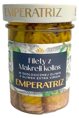 MAKRELA FILETY W BIO OLIWIE Z OLIWEK EXTRA VIRGIN 190 g (125 g) (SŁOIK) - EMPERATRIZ
