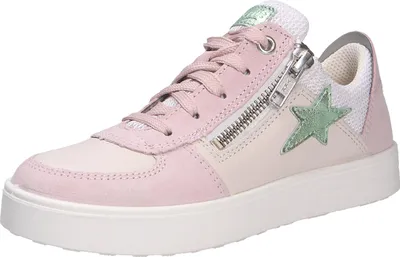 A single pink sneaker with a green star detail and a zipper on a white background.