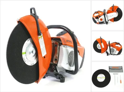 A STIHL cut-off saw is displayed against a white background, with additional product images and accessories shown in smaller frames.