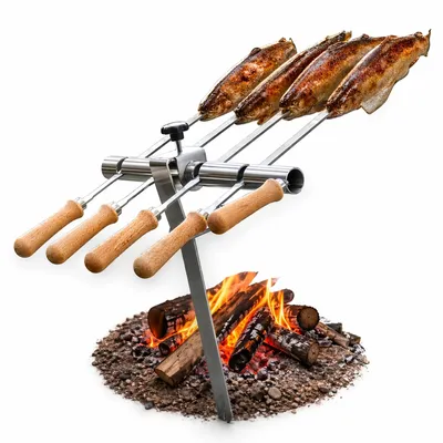 Produktbild von Steckerlfisch Halter für Lagerfeuer mit 4 Edelstahlspießen
