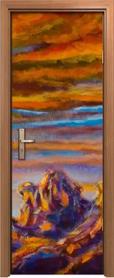 Produktbild von Türposter 70x200 cm Türaufkleber Türtapete Türfolie Klebefolie Gelb orange Wolken über Bergen Malerei