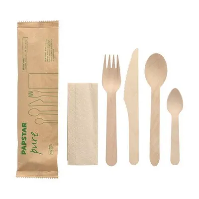 Produktbild von Bestecksets Holz “Pure” – Messer, Gabel, Löffel, Kaffeelöffel & Serviette, 500 Stück, umweltfreundlich