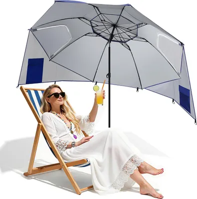 Zdjęcie produktu dla Parasol plażowy Izrielar 210 cm z ochroną UV 50+, z regulacją nachylenia, z kotwicą i torbą transportową, wodoodporny parasol ogrodowy na plażę, do ogrodu i na balkon – niebieski z spiralną kotwicą
