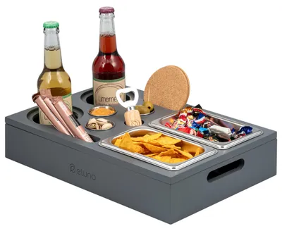 Productafbeelding van eluno Couchbar, serveerblad, bankblad van bamboe met roestvrijstalen snackbakjes inclusief bekerhouder, grijs