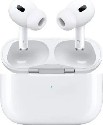 A pair of white Apple AirPods Pro 2 with their charging case.