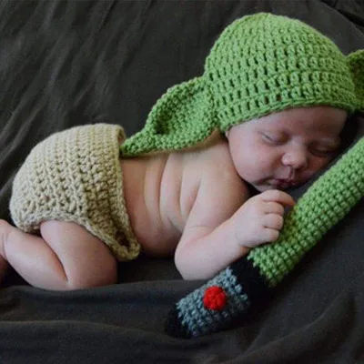 Productafbeelding van Baby Yoda Kostuum - Gehaakte Gebreide Outfits Set - Zacht en Schattig - Fotografie Props - Verjaardag Douche Gift - Geschikt voor Pasgebo