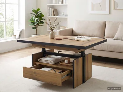Produktbild von Couchtisch >Noah< mit Funktionen, Eiche Nachbildung, Schubkasten - 110-150x54-73x70cm (B/H/T)
