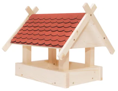 Produktbild von Rotes Futterhaus für Meisen, Spatzen und Rotkehlchen aus Fichtenholz mit witterungsbeständigem Schindeldach, 32x29x28 cm