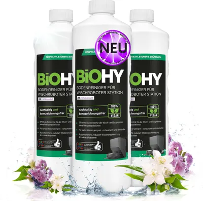 Produktbild von BiOHY Bodenreiniger für Wischroboter Station mit Frühlingsduft, Nicht schäumender Bodenreiniger für Reinigungsstationen, Für hartes Wasser geeignet – 3er Pack (3 x 1 Liter Flasche)