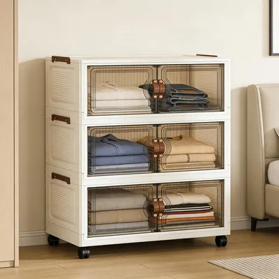 Produktbild von 3 Ebenen Faltbare Aufbewahrungsbox mit Deckel, Stapelbare Aufbewahrungsboxen,Kunststoff Transparente Stapelboxen mit Tür & Rollen für Küche,Büro,Wohn