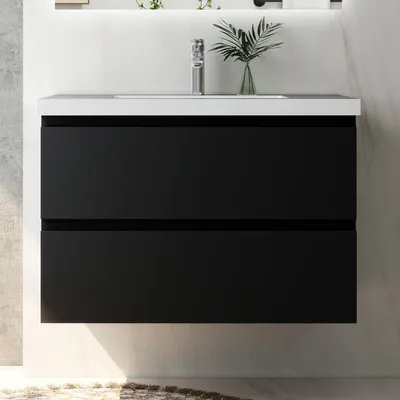 Produktbild von Waschtisch mit Unterschrank 80cm Alast Badmöbel Set Matt Schwarz Waschbecken mit Unterschrank MDF Softclose