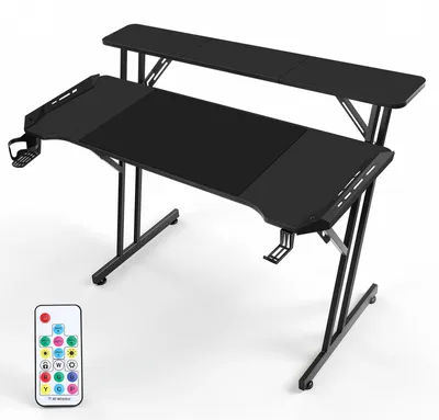 Obrázek produktu pro Herní stůl Ikodm, rozměry 120x60 cm, tvar "Z" s úložným prostorem a RGB LED podsvícením, design s karbonovým vzhledem