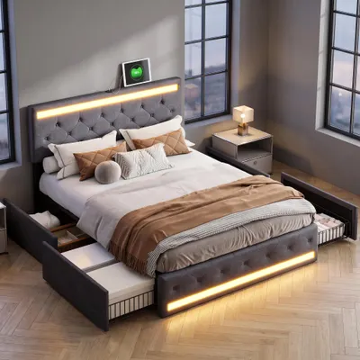 Produktbild von INONEFT Polsterbett 140x200cm mit 4 Schubladen, Jugendbett Doppelbett mit LED und USB/Type-C, Stauraumbett Massivholzbett mit Lattenrost, Leinen, Grau