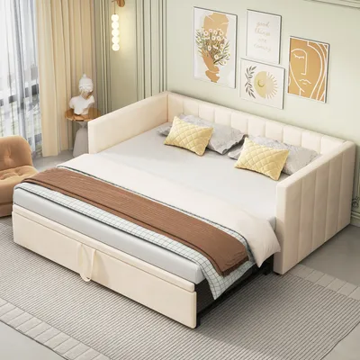 Produktbild von Merax Tagesbett 90x200cm/180x200cm Ausziehbett, Erweiterbares Schlafsofa mit Lattenrost und Armlehnen, Samt Polsterbett Kinderbett Sofabett, Beige