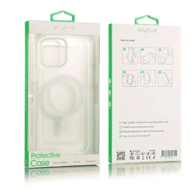 Product packaging for a phone case, showing the case inside and instructions on the back.