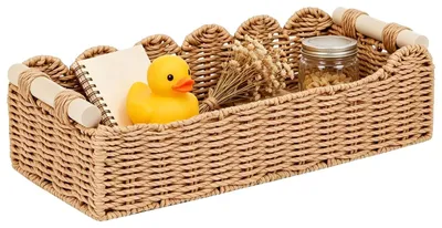 Zdjęcie produktu dla Spleciony kosz do przechowywania z drewnianymi uchwytami (Brązowy)