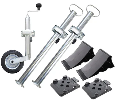Produktbild von Anhänger Zubehör SET No.2 HD (1 Stützrad, 2 Keile[SCHWARZ], 2 Stützen, 3 Klemmhalter)