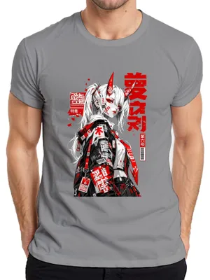 Zdjęcie produktu dla T-shirt męski z motywem anime "Oni Girl", styl cyberpunkowy, inspirowany mangą i modą uliczną, motyw japoński, styl Y2K, dla fanów anime i mangi, kolor: szary, rozmiar: 3XL