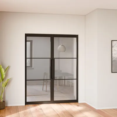 Produktbild von inova Loft-Glastür 1660 x 2115 mm, Pivot-Drehtür, 3 Felder Klarglas, Stahlrahmen Schwarz, Komplettset mit Griffstange