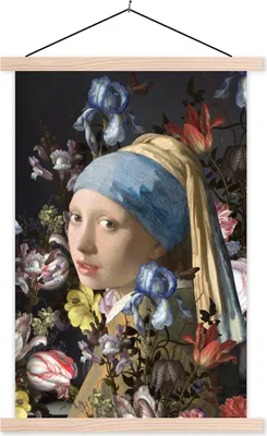 Produktbild von MuchoWow® Textilposter Das Mädchen mit dem Perlenohrring - Johannes Vermeer - Blumen 60x90 cm mit holzfarbenen Rahmen - Textil