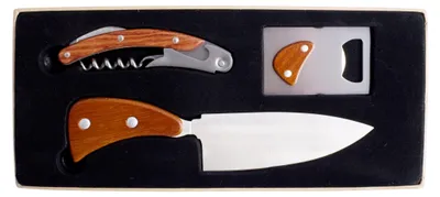 Immagine prodotto di Set da regalo in tre pezzi con coltello, apribottiglie e cavatappi da barista, acciaio inox opaco