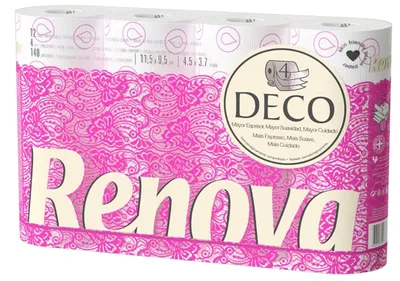 Produktbild von Renova DECO Toilettenpapier 4-lagig weiß dekoriert parfümiert – 12 Rollen