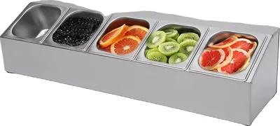 Produktbild von Pizza-Belagstation, Edelstahlkonstruktion, umfasst 5 Pfannen mit Deckeln, ideal für Catering