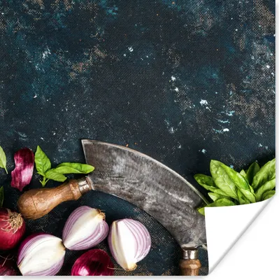 Produktbild von MuchoWow® Poster Gemüse - Kräuter - Wiegemesser - Zwiebel - Gewürze - Rustikal 50x50 cm - Wohnzimmerdekoration