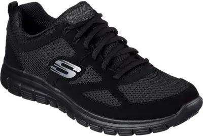 A black Skechers sneaker is shown from a side angle against a white background.
