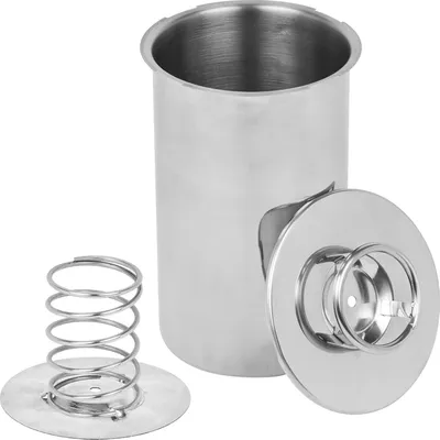 A stainless steel sausage stuffer with its lid and a spring-loaded plunger assembly shown separately.