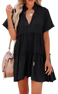 Produktbild von Damenkleid mit V-Ausschnitt und Kordelzug – kurzärmeliges Babydoll-Kleid mit Rüschen